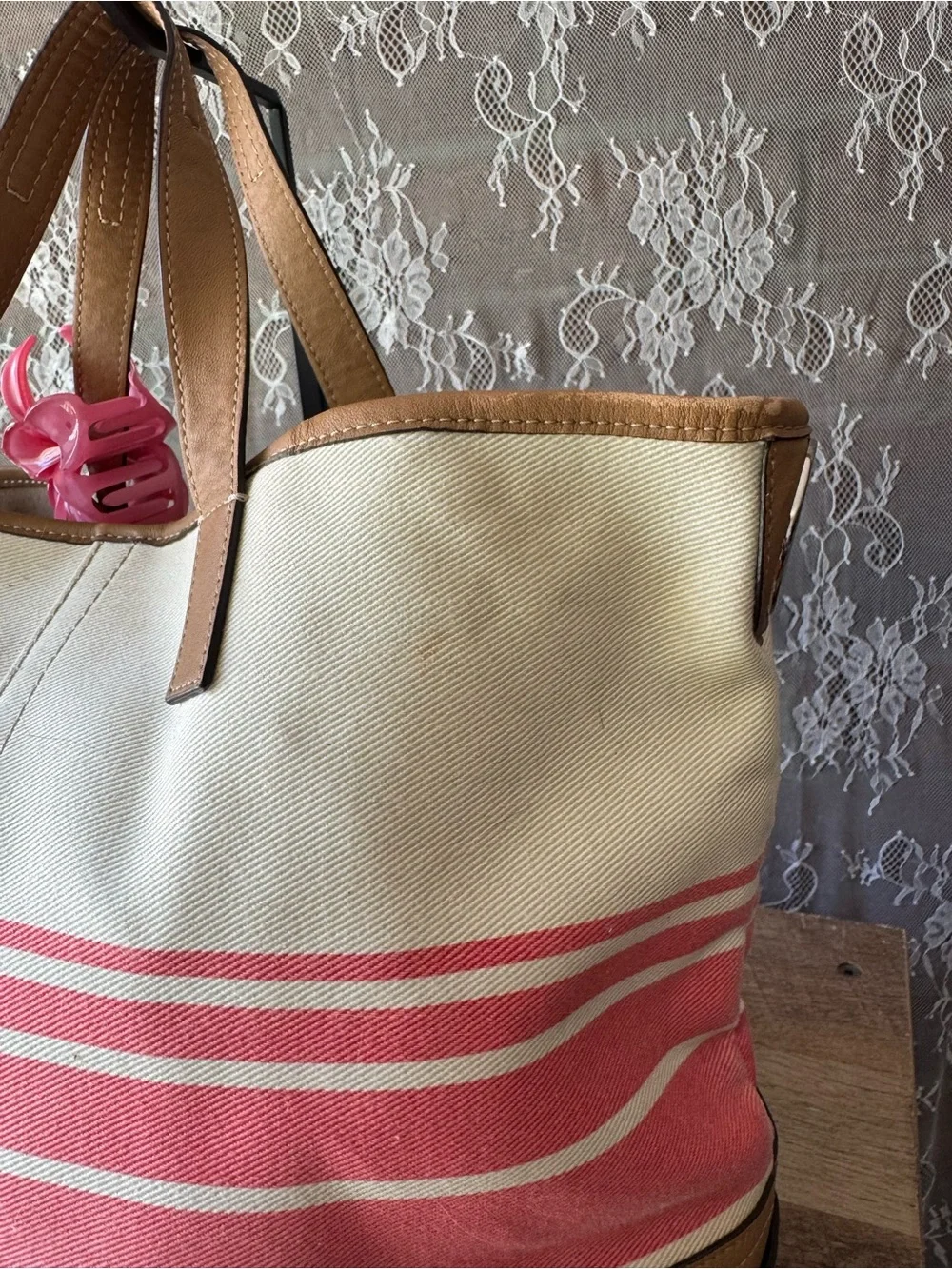 Coach Pink and Cream Canvas Stripe Tote with Tan Leather Trim